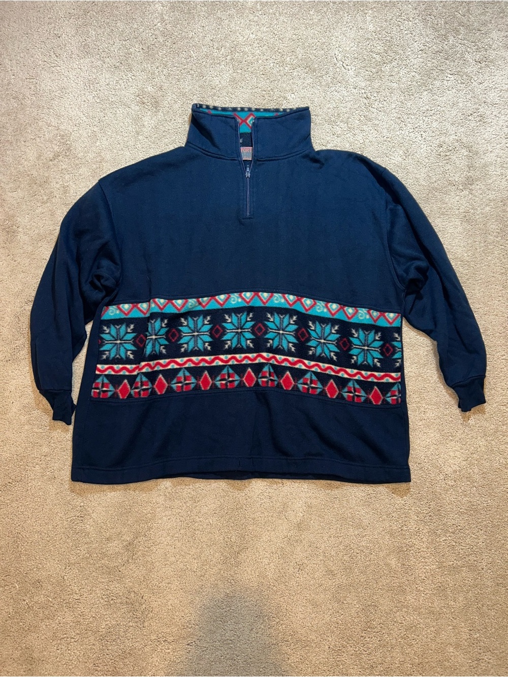 Men's Navy Quarter-Zip Pullover Sweater with Geo Pattern
